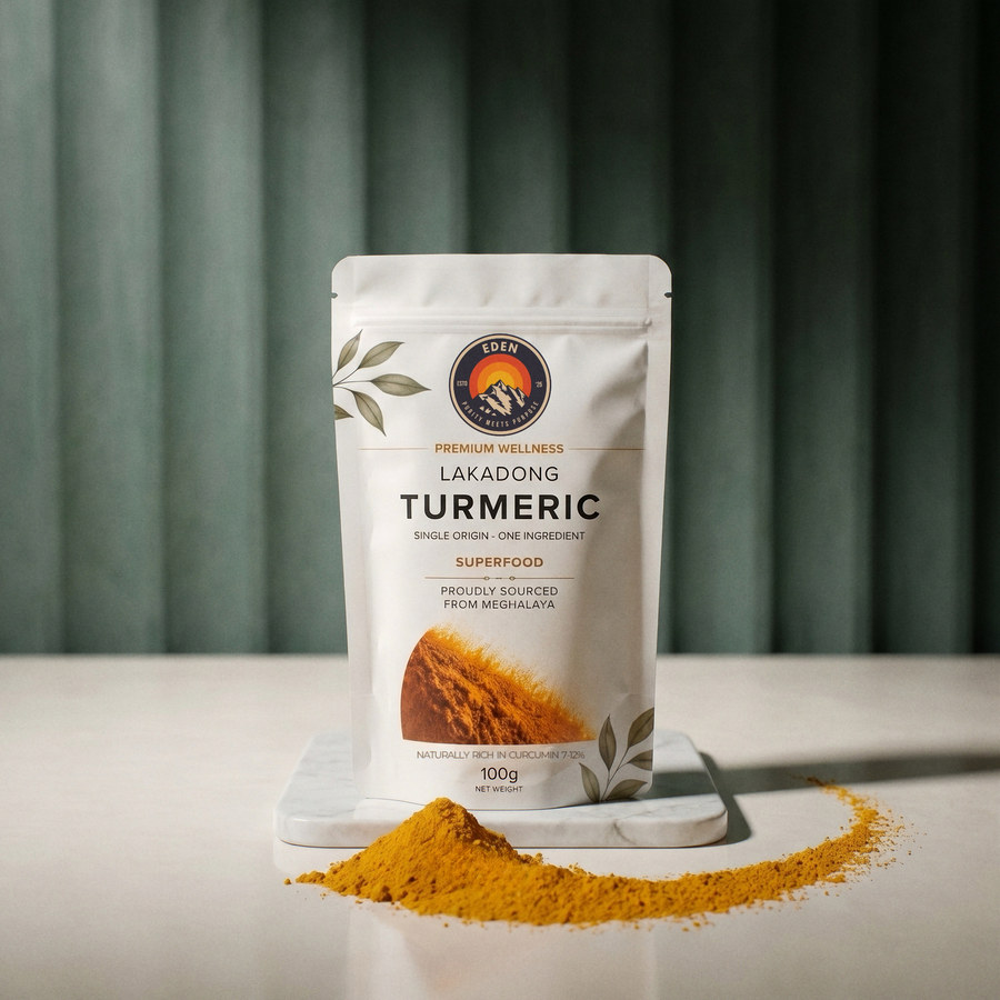 Eden Lakadong turmeric pack on a marble riser
